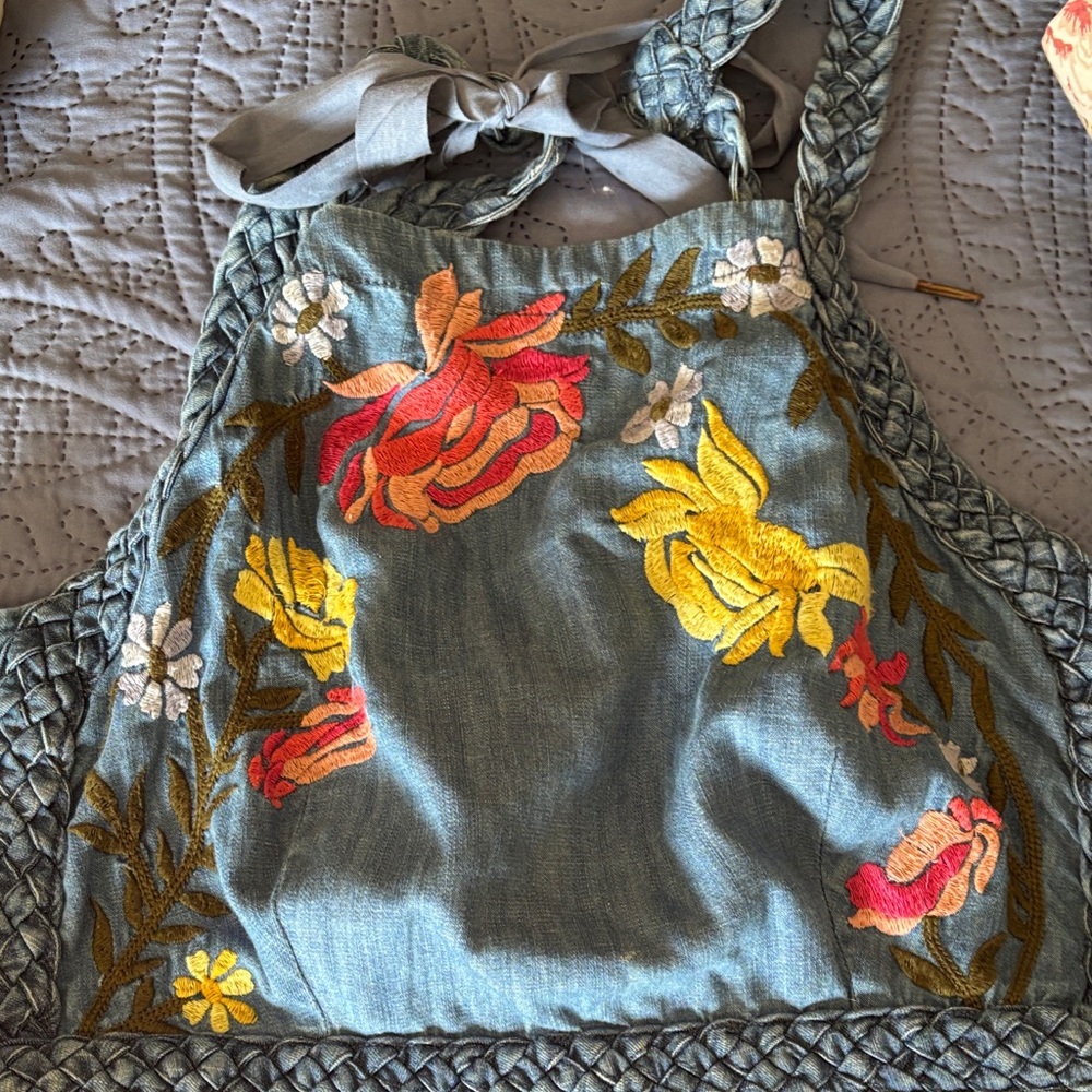 Anthropologie Blue Floral Embroidered Tank Top braided tie details